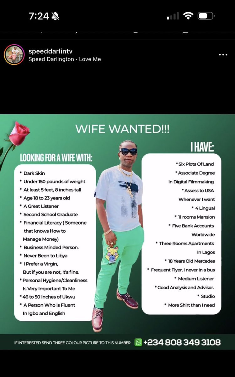 Speed Darlington shares criteria for his potential wife