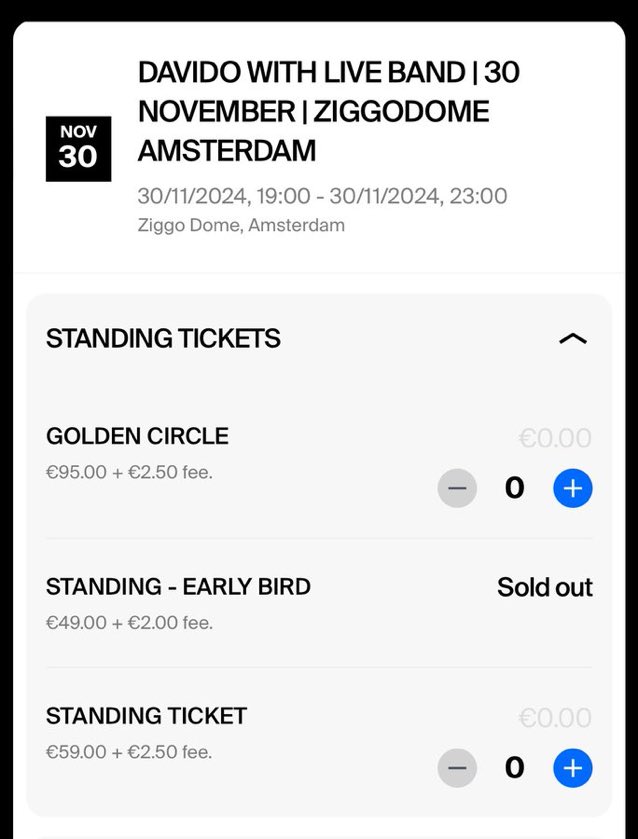 Davido’s standing tickets at the Ziggodome Arena in Netherland is sold out.

I told y'all that No African artiste can pull Davido’s crowd in that region. NONE!!!