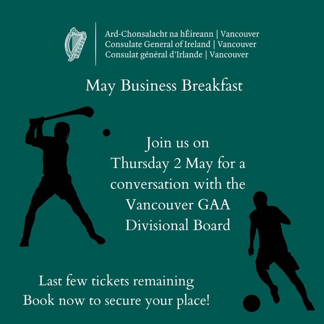 Last spots remaining for our Business Breakfast on Thursday 2 May! Our guest speakers will be Darren McAndrew and Lorraine Muckian from the Vancouver GAA Divisional Board. This will be an in-person only event & spaces are limited. Register for free now: maybusinessbreakfast.eventbrite.ie