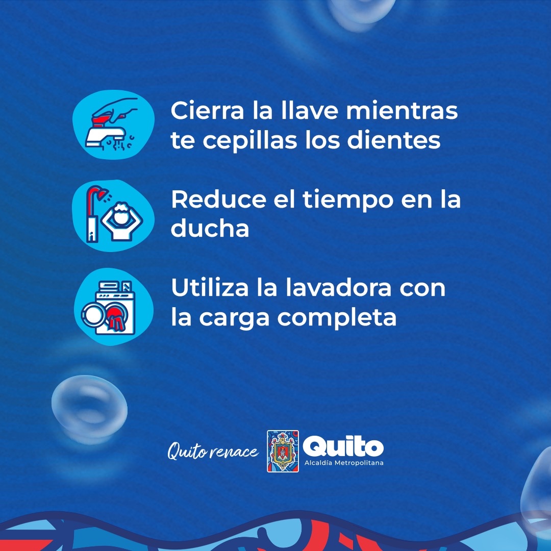 🚰 #ConsumoResponsable | El agua es vida, ¡cuidémosla! Reduce tu consumo diario, úsala con responsabilidad. Con consciencia, #QuitoRenace