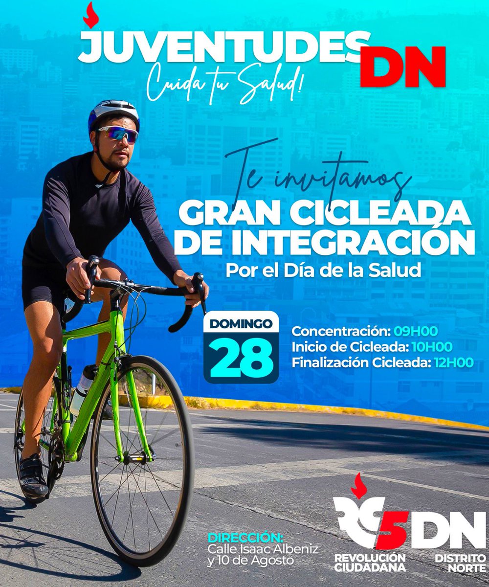 📌Juventudes Distrito Norte

Te invitamos a la gran cicleada 🚴🏻 de integración por el día de la Salud.
📆 Domingo 28 de abril
Hora de concentración: 9 am
Hora inicio cicleada: 10 am
Hora de finalización: 12 del mediodía
➡️ Punto de encuentro Calle Isaac Albeniz y 10 de Agosto