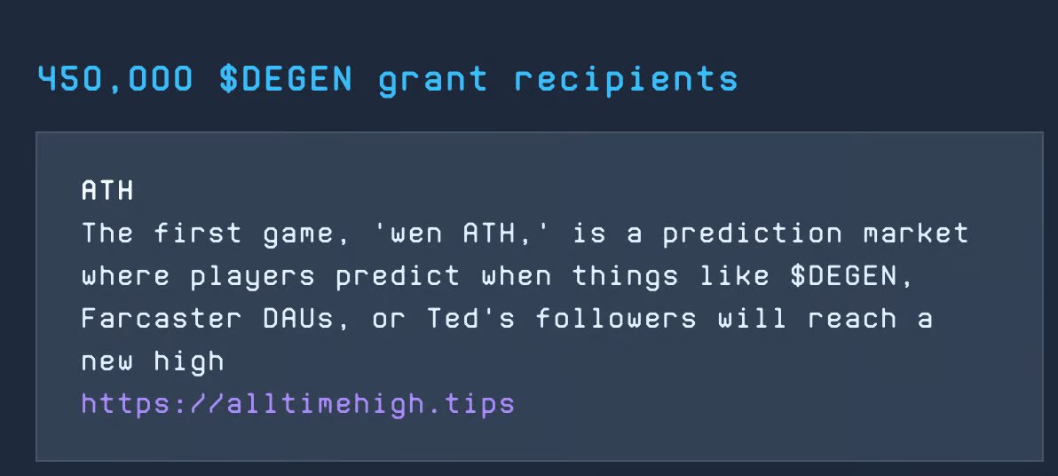 Chads, /alltimehigh is a winner of the Deploy on Degen grants run by @syndicateio @1confirmation and @degentokenbase 

We are also additional grant recipients from the 1confirmation team 

Really excited to keep building wen ath with you all and let's send it 

ᖽ