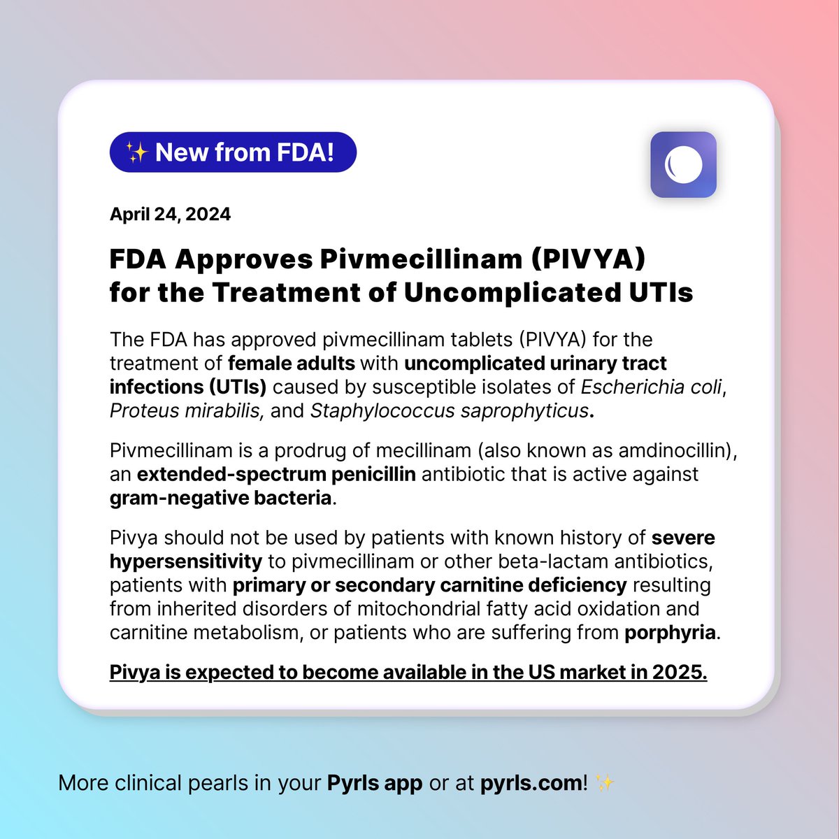 FDA Approves Pivmecillinam (PIVYA) for the Treatment of Uncomplicated UTIs