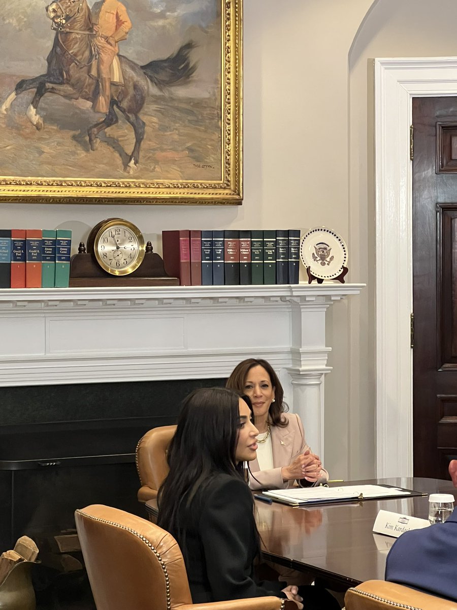 Teddy Roosevelt, Kamala Harris, Kim Kardashian (two of them are talking second chances and criminal justice reform; one is riding a horse):