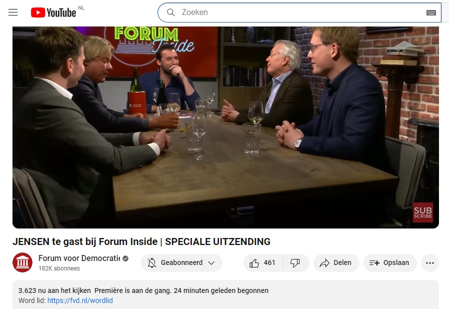 Ingelaste uitzending van #Forum_Inside van @fvdemocratie met Jensen. Als ruim 3.600 kijkers. Nu live.