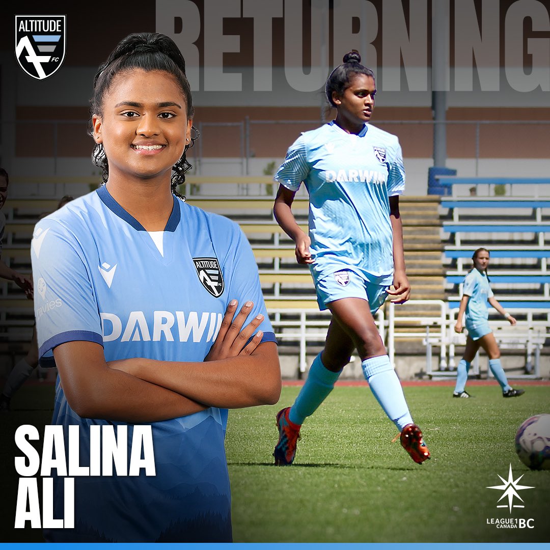 Salina Ali signs with Altitude FC for the 3rd straight season in @league1bc . Between seasons, Salina has played with @CMFSC in the MWSL premier league, and was decorated in her youth play in various ways including 3x Youth Provincial A-Cup Champion.