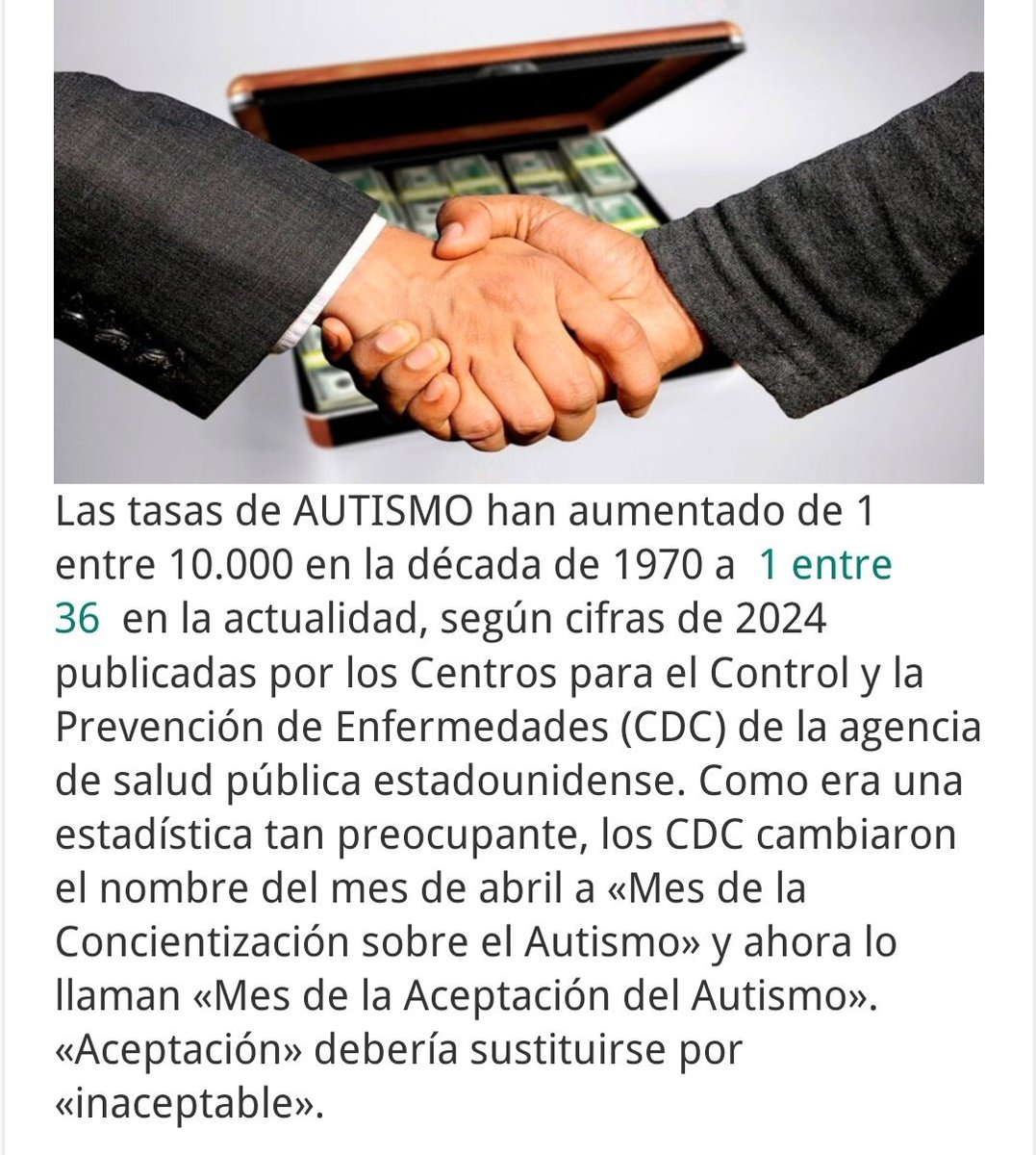 El Elefante en la habitación;
En la década de los 70 había un caso de autismo cada 10.000 niños.
Hoy, ahora, en este mismo momento los CDC declaran que hay uno por cada 36.

No pasa nada y miren para otro lado, el progreso era esto.