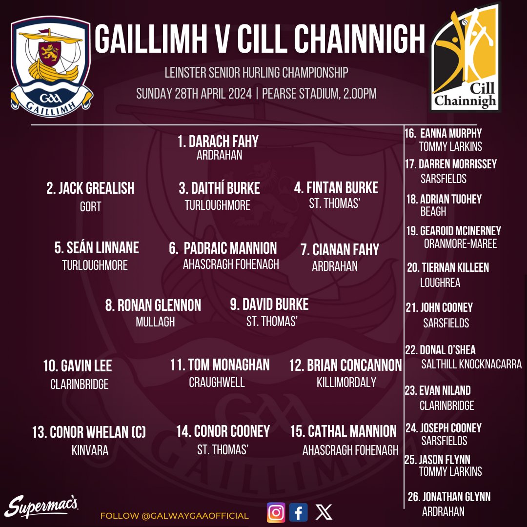 🚨TEAM NEWS🚨 Leinster Senior Hurling Championship Galway v Kilkenny 🗓️Sunday 28th April 📍Pearse Stadium 🕑2.00pm Match Tickets ticketmaster.ie/leinster-senio… Best of luck to Henry Shefflin, Team Management and our Senior Hurling Squad on Sunday ! #riseofthetribes #gaillimhabú