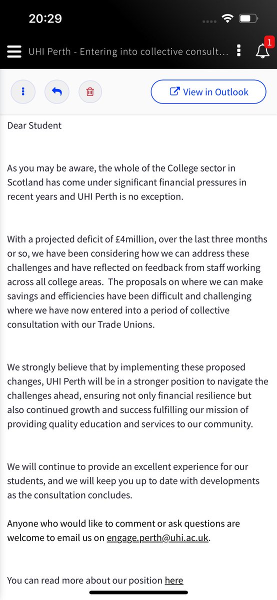 CaraSteel2's tweet photo. To be clear @ThinkUHI… this was not a reassuring or informative email about the current situation. And let’s not pretend you came up with this plan based of feedback from staff. Save our college from management.
#FightforFE #perthcollege #saveourcollege https://t.co/LUh7kbZDv8