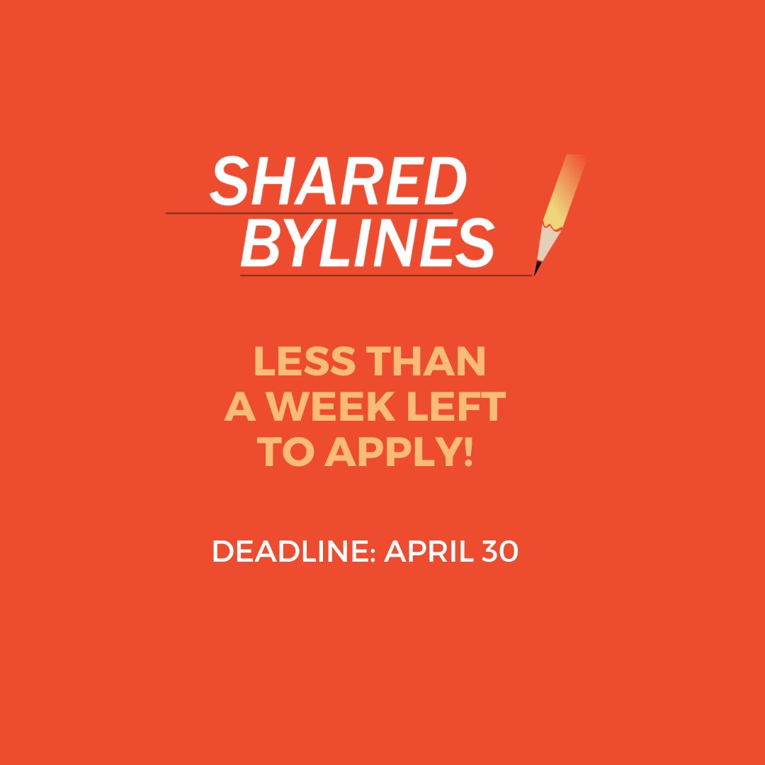 The countdown is on!⏱️There's just less than a week left to get your apps in for Shared Bylines' journalism + mentorship program. The program is open to Canadian BIPOC student journalists – and you can apply to both streams! Deadline: April 30 sharedbylines.com/apply