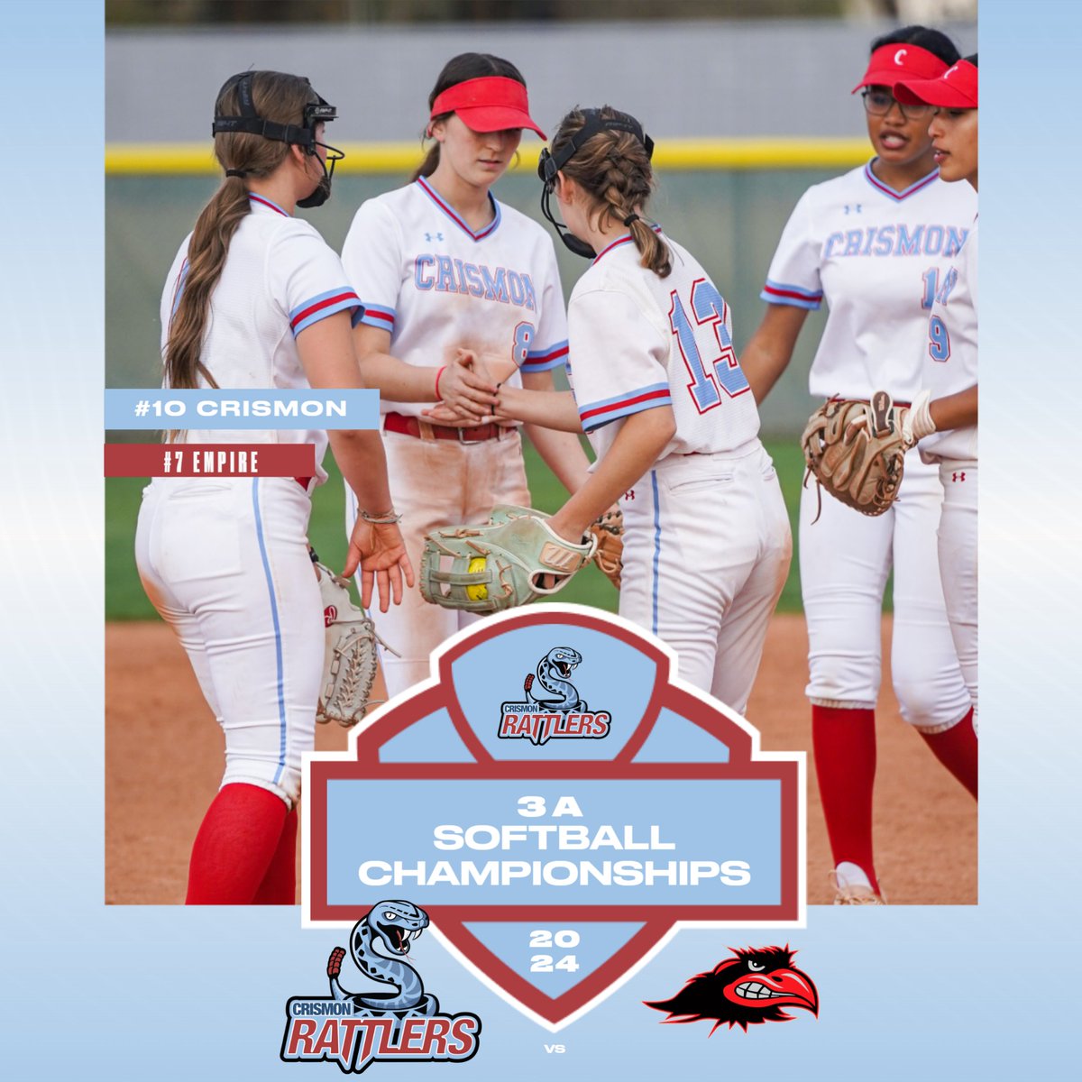 🥎2024 AIA Softball 3A State Championship Round 1 🥎
The #10 Crismon Rattlers will face #7 Empire at Empire High School on Saturday, April 27th at 11AM
#CrismonHS #QCUSDAthletics #QCleads