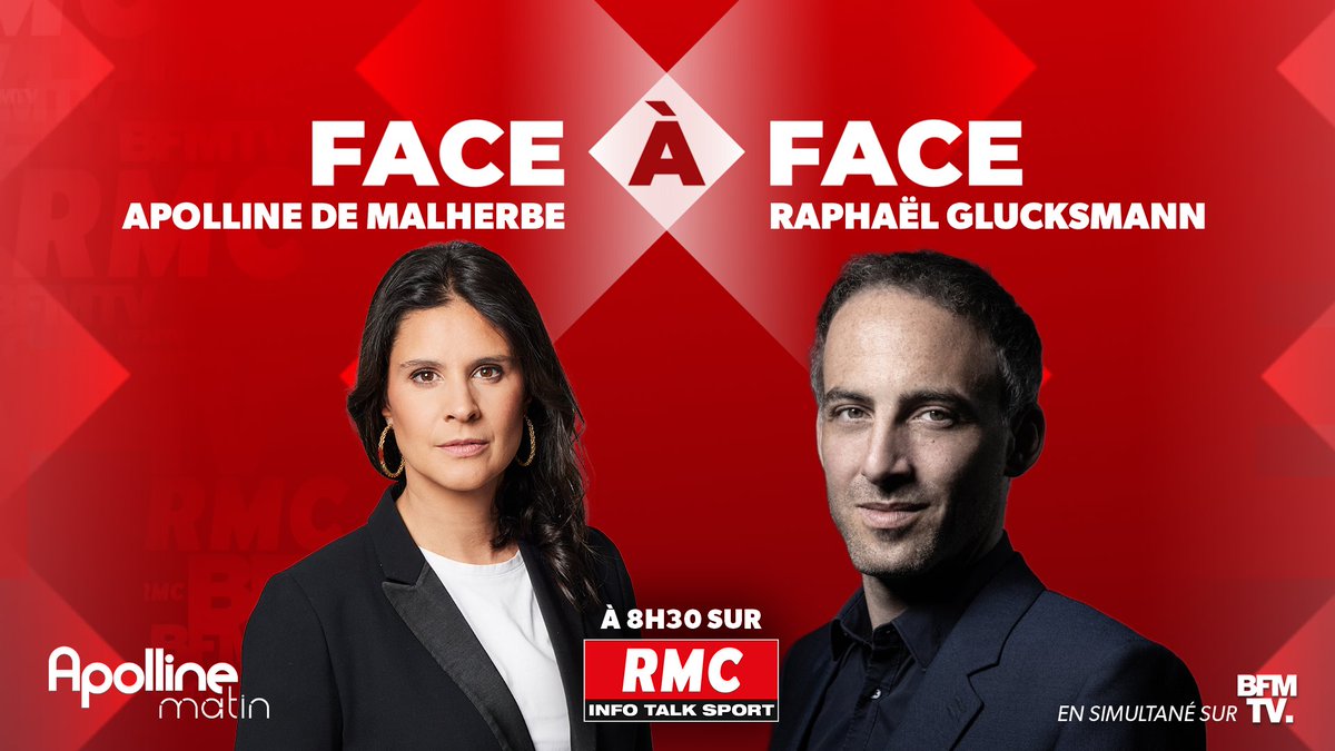 🎙 Demain, Raphaël Glucksmann (@rglucks1), tête de liste PS-Place publique aux élections européennes, sera l’invité du #FaceÀFace avec @apollineWakeUp. 👉 Rendez-vous à 8h30 sur RMC et BFMTV.