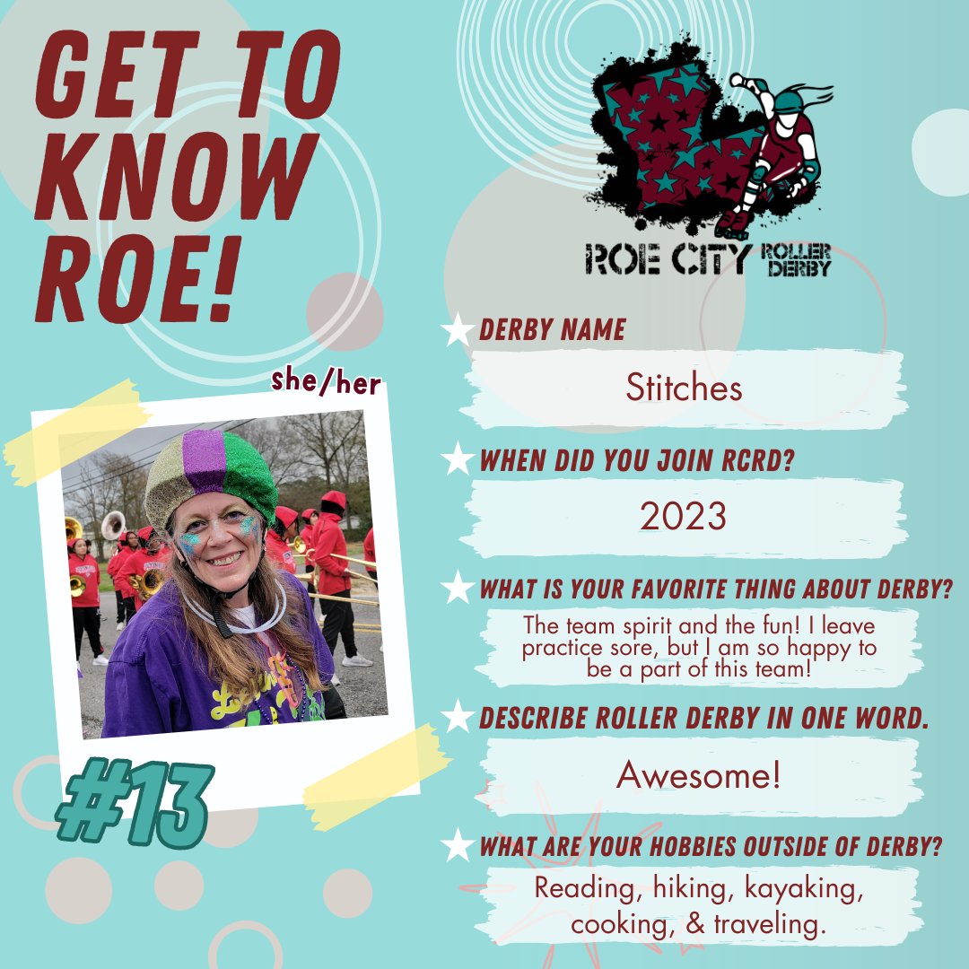 Our first bout on May 4 is coming up faster than we know it! Over the next few weeks, we will be introducing our rostered skaters and coaches, as well as our NSOs!!! 🛼🩵💜💪
The next person we are introducing is Stitches!

#RCRD #RoeCity #RoeCityRollerDerby #RoeCityRollers