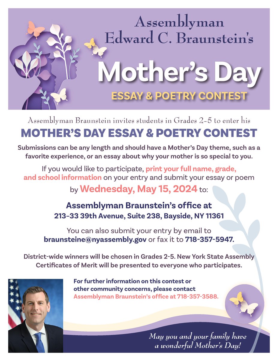 ✍️ As we welcome spring and prepare to celebrate Mother’s Day, I am happy to invite Northeast Queens students to showcase their writing skills and creativity by submitting an entry to my annual Essay and Poetry Contest. The deadline to enter is May 15. Please see more info below.