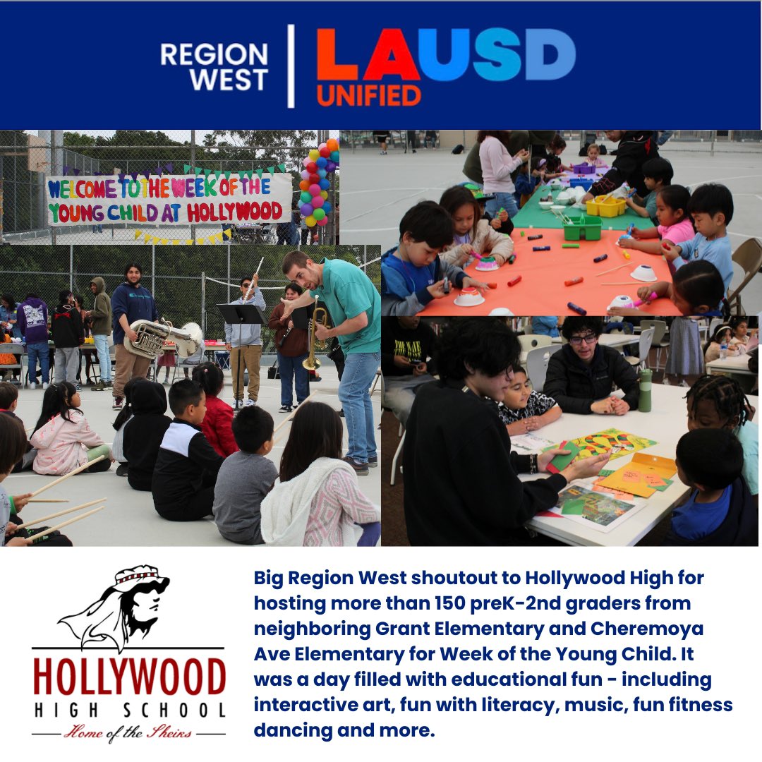 Big Region West shoutout to Hollywood High for hosting 160 preK-2nd graders from neighboring Grant Elementary & Cheremoya Ave Elementary for Week of the Young Child - a day filled with educational fun including interactive art, fun with literacy, music, fun fitness dancing & more