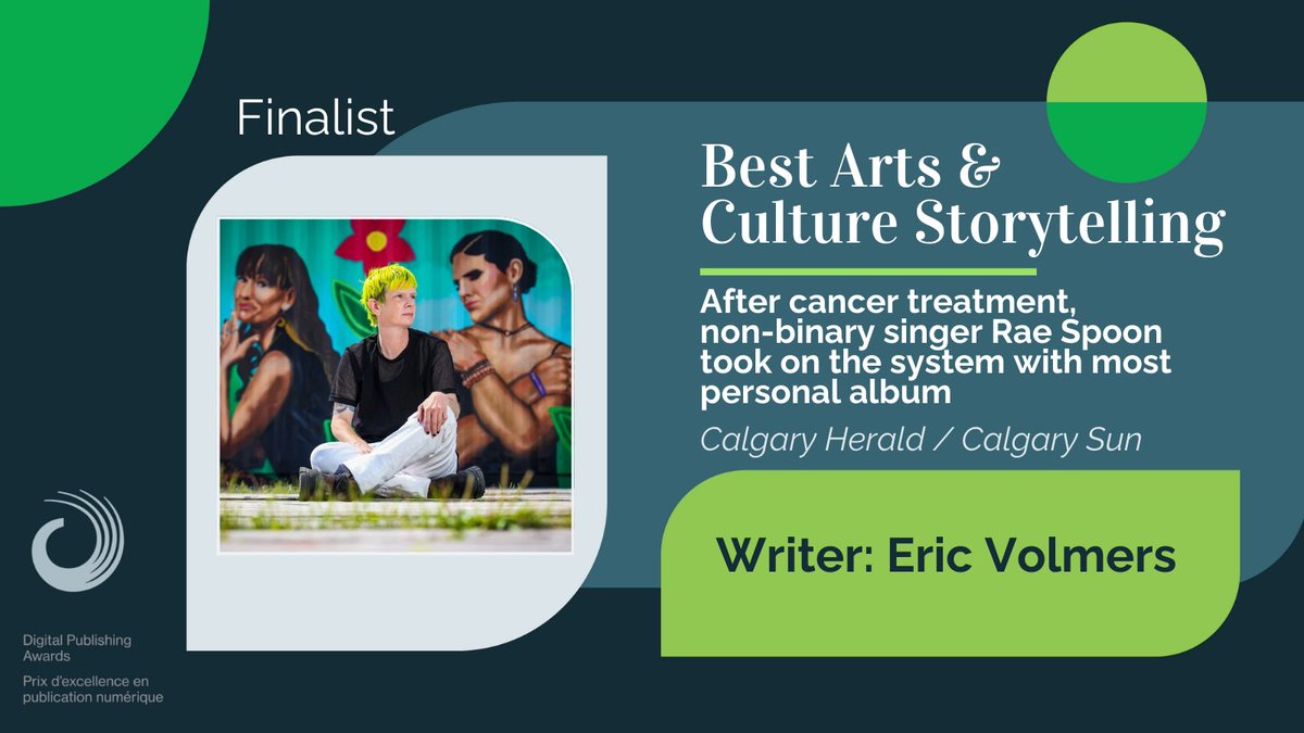 @EricVolmers is nominated for Best Arts & Culture Storytelling at #DPA24! The nominated story is 'After cancer treatment, non-binary singer Rae Spoon took on the system with most personal album,' published by @calgaryherald and @calgarysun. Congrats! digitalpublishingawards.ca/2024nominees