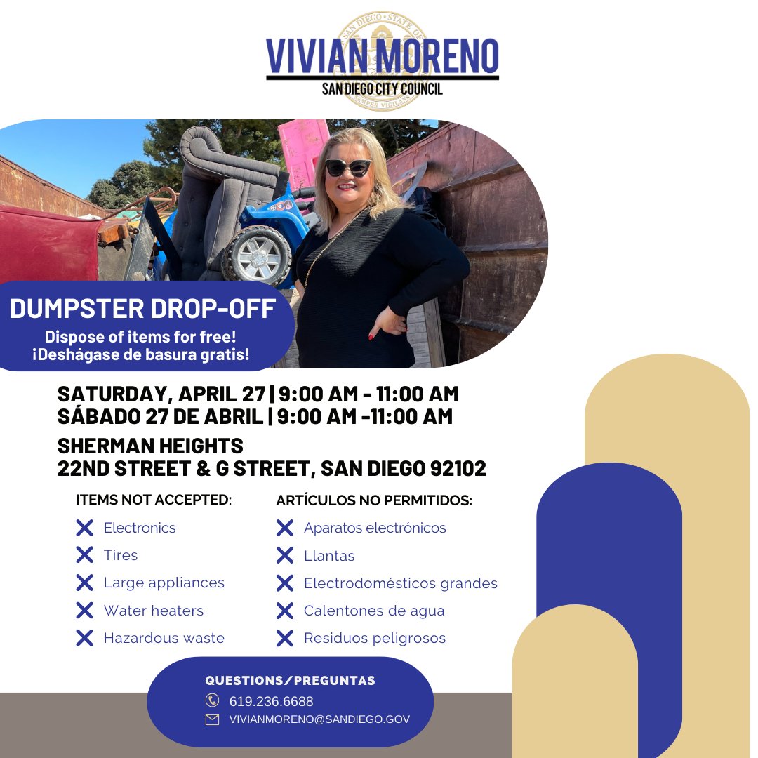 Need to do a Spring cleaning?🚚🌳 Join us Saturday, April 27, from 9-11am for a Dumpster Drop-Off in Sherman Heights! This event will take place on 22nd St & G St, San Diego 92102! Propane tanks, tires, large appliances, water heaters and hazardous waste will not be accepted!