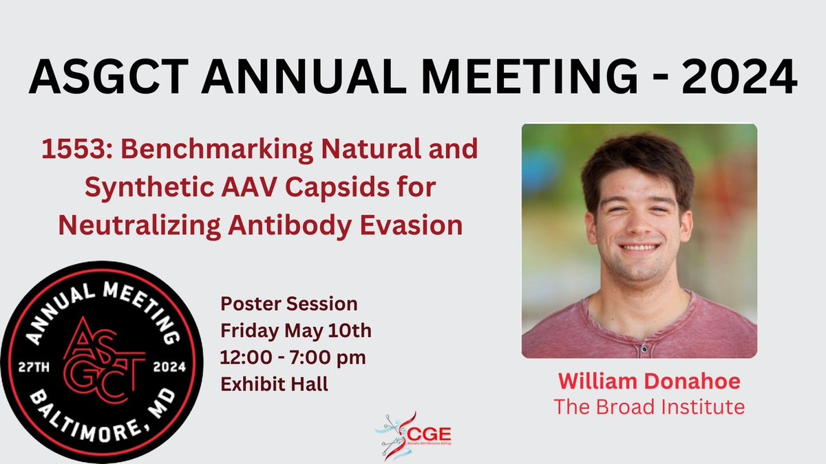 Stop by the Exhibit Hall today to see this poster, 'Benchmarking Natural and Synthetic AAV Capsids for Neutralizing Antibody Evasion', from William Donahoe (@DevermanLab). #ASGCT2024