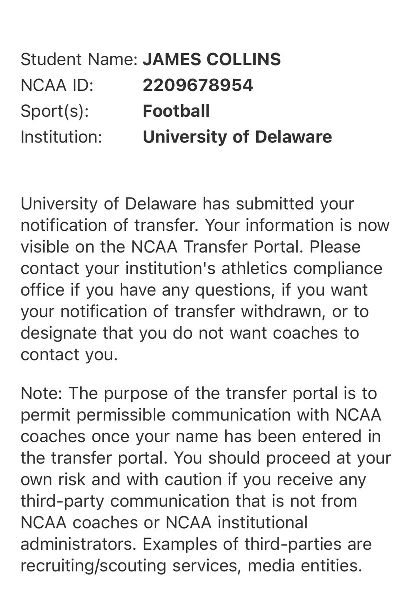 jamescollins16_'s tweet photo. I have entered the Transfer Portal with 4 years of eligibility remaining. Contact @CoachDelleDonne with any questions.

Delaware Spring Highlights- https://t.co/lJvetISoII
High School Highlights-https://t.co/joUGh4NOfR
Chris Sailer Kicking Highlights-https://t.co/FSwFkJ4Nft