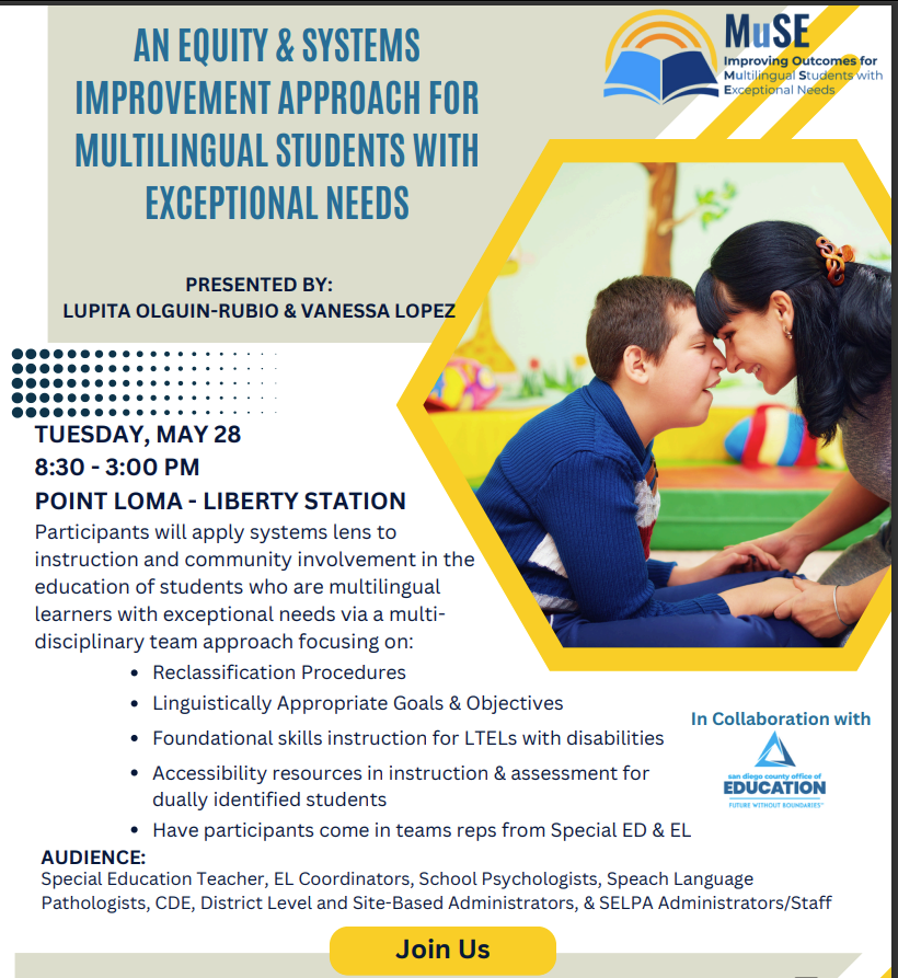📢 Save the date 5/28/24! Registration link coming soon for this #ProjectMuSE collaboration with @MEGASDCOE #CollectiveCommitment #ELSWD #Multilingual #StudentsWithDisabilities #ELL #ImperialCountySELPA #CASSOS #SERL