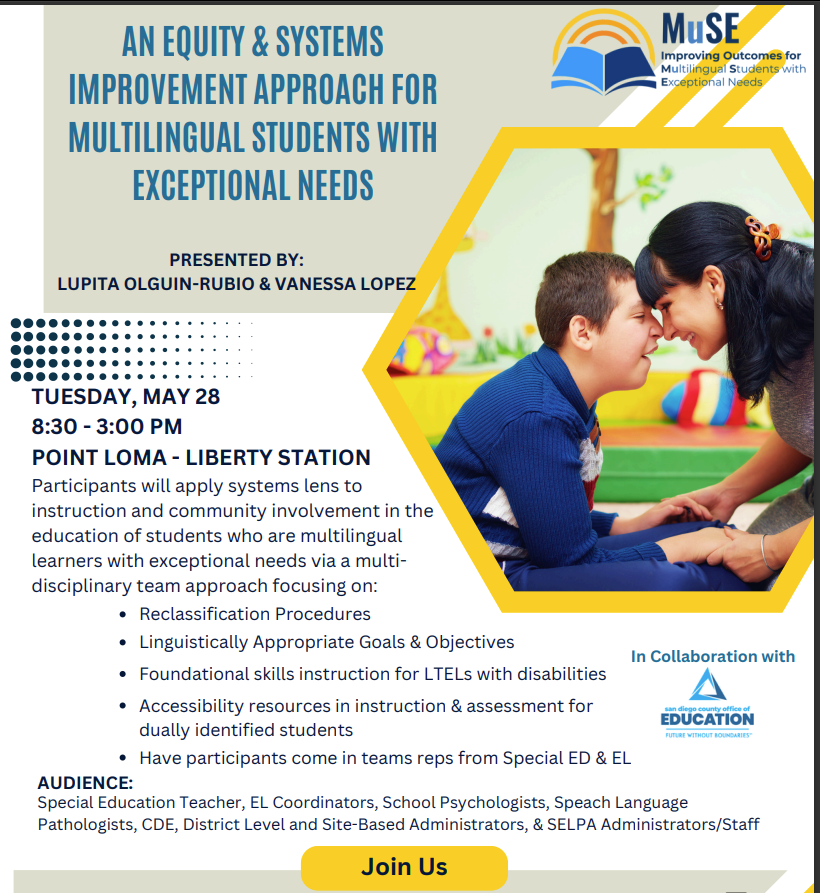 el_swd's tweet image. 📢 Save the date 5/28/24! Registration link coming soon for this #ProjectMuSE collaboration with @MEGASDCOE #CollectiveCommitment #ELSWD #Multilingual #StudentsWithDisabilities #ELL #ImperialCountySELPA #CASSOS #SERL