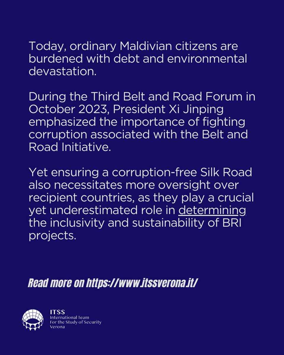🚨A new @ItssVerona article is out!🚨 

The article focuses on the implications of the #BeltandRoad initiative in the #Maldives, revealing #corruption, degradation of the #environment, and domestic leaders' influence on #China's megaprojects abroad.

👉🏻itssverona.it/not-just-a-vac…