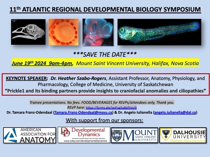 Our annual Atlantic Canada Developmental Biology symposium will be held on June 19th ⁦@MSVU_Halifax⁩ , keynote from ⁦@szaborogers⁩ on craniofacial development & ciliopathies. ⁦with support from ⁦@AnatomyOrg⁩ & ⁦@DevelopmentalDy⁩