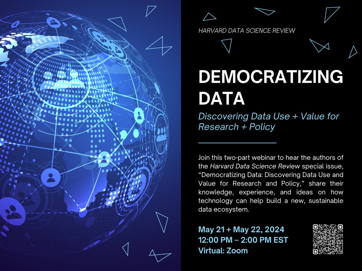 🌎 Democratizing #Data: Discovering Data Use + Value for #Research + #Policy, hosted by @TheHDSR 🗓 May 21 + May 22, 2024 ⏰ 12:00 PM – 2:00 PM EST 📍 Location: Virtual 🔎 View the agenda: datascience.harvard.edu/calendar_event…