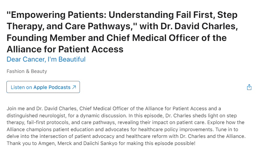 Listen to AfPA's @DavidCharlesMD delve into step therapy, its impact on patient care, and the intersection of patient advocacy and health care reform in the latest Dear Cancer, I'm Beautiful podcast with Melissa Berry: apple.co/4b9Yfbr