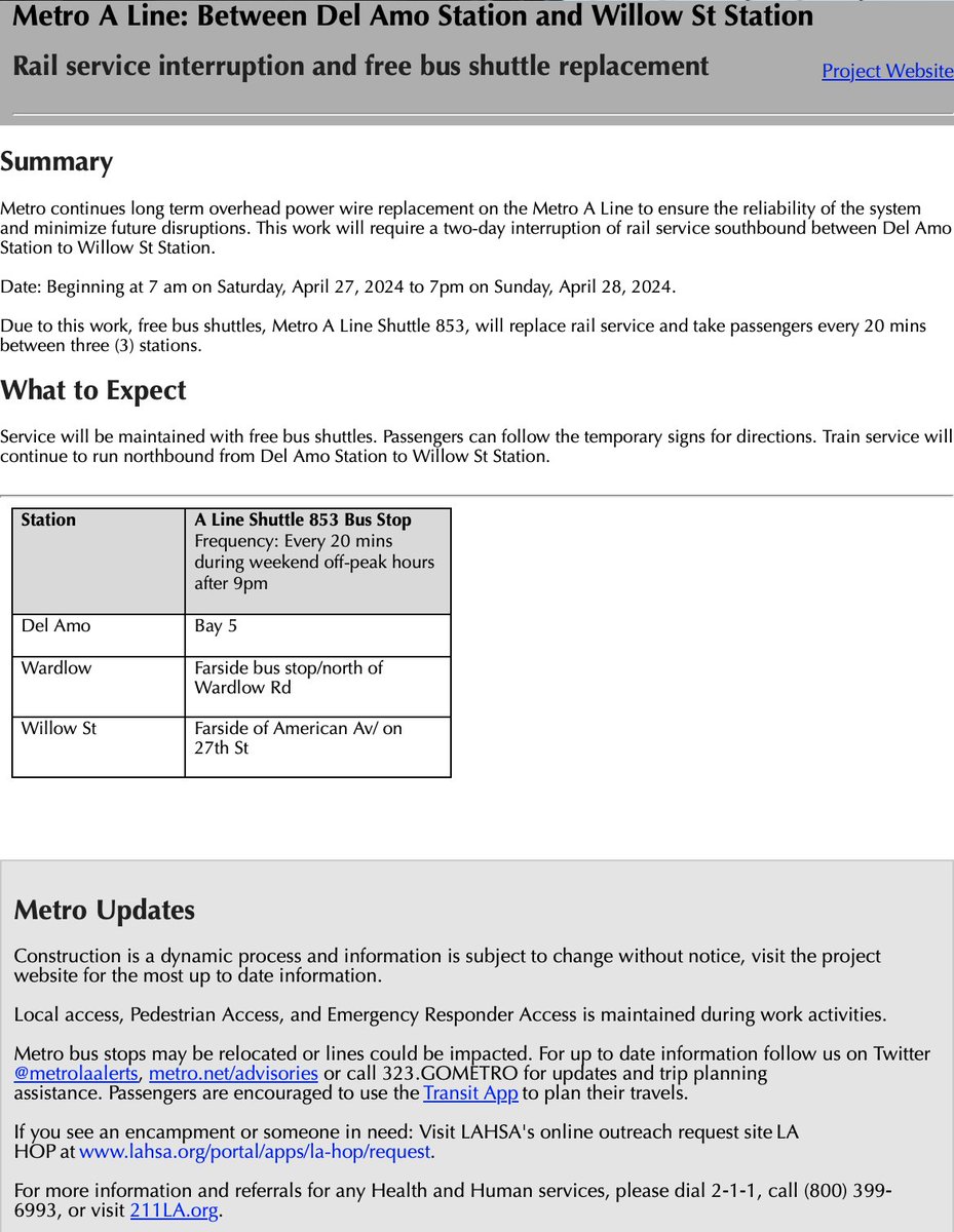 Metro continues long term overhead power wire replacement on the Metro A Line to ensure the reliability of the system and minimize future disruptions. This work will require a 2-day interruption of rail service between Del Amo Station to Willow St Station starting Sat 4/27.