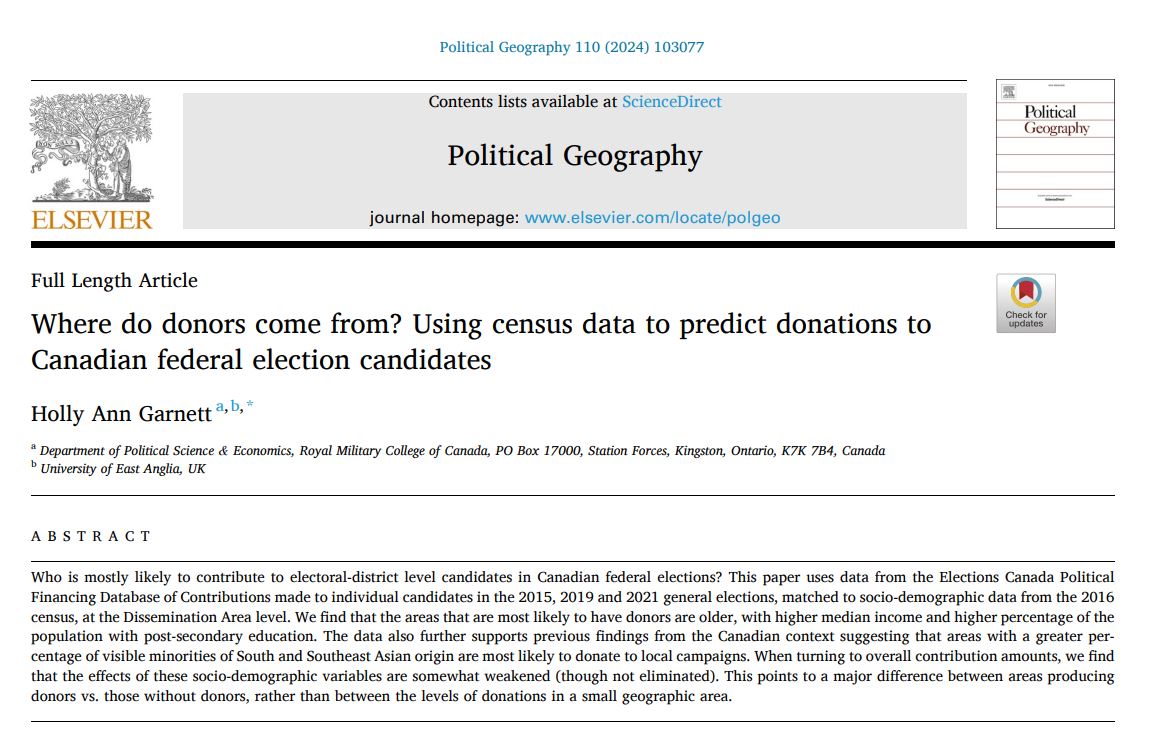 NEW - Where do donors to Canadian federal election candidates come from? by @HollyAnnGarnett, sciencedirect.com/science/articl…