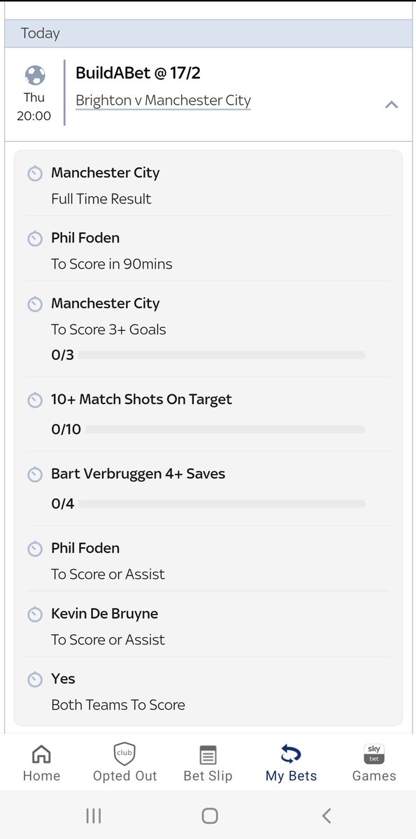 I'm not a big gambler at all but I had a tenner in my Skybet account so put this BuildABet on. So far so good l, City are winning, they've scored 3 goals, De Bruyne has scored and so has Foden. There's bound to be 10 shots on target so I reckon I just need Brighton to score