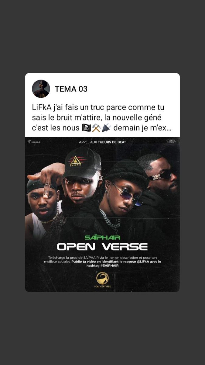 Un couplet sur le #Openverse de titre SAÏPHAIR de @Lifkanomore ça vous parle?
Je vais mentir pour gagner quoi? Demain je vous dioss all 🔪

VIVE LE RAP CAMER 🇨🇲