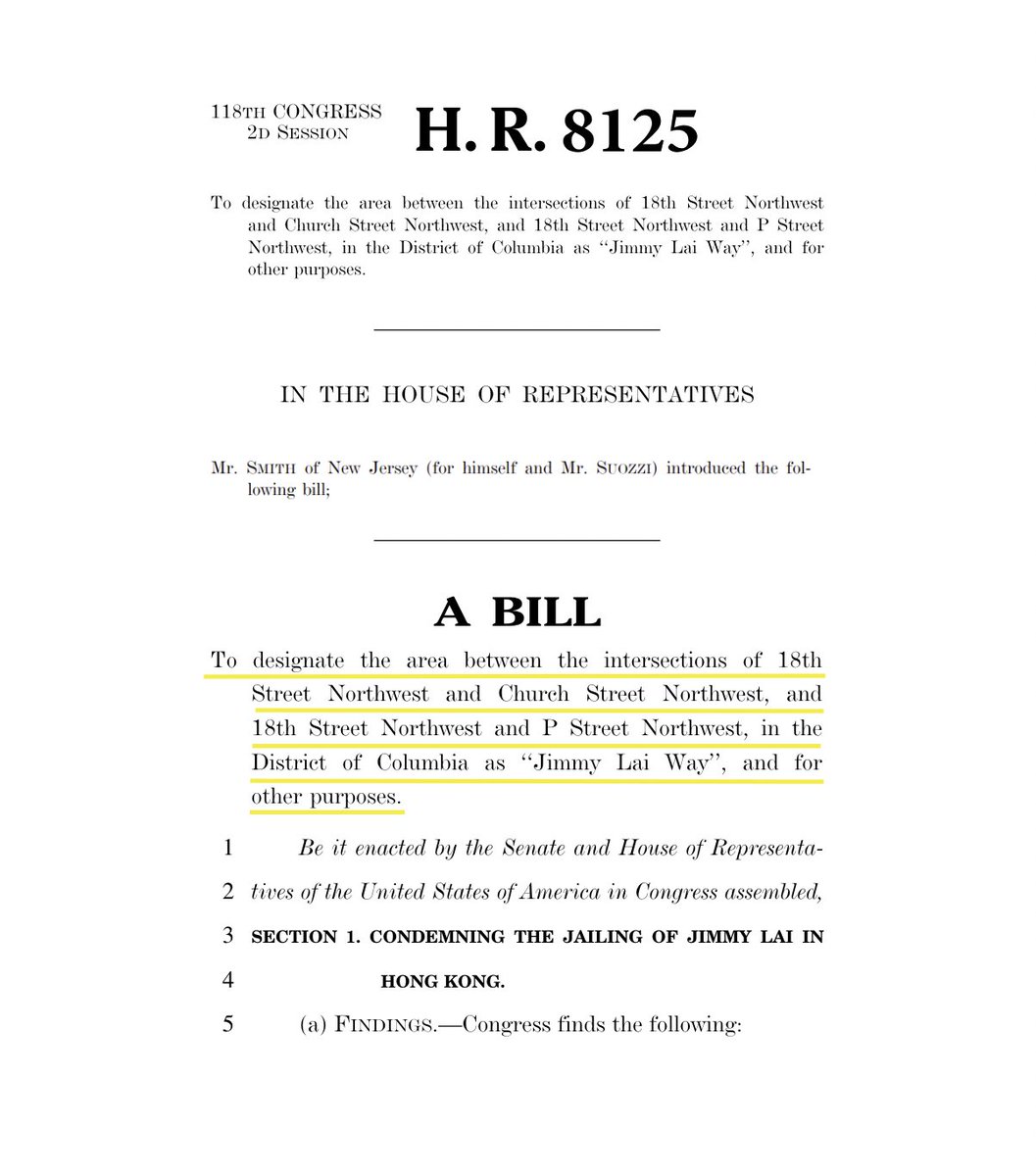 Rep. Chris Smith and @RepTomSuozzi are pushing legislation to rename the street in front of Hong Kong's de facto embassy in Washington 'Jimmy Lai Way.' My colleague Nina Shea called for renaming a Washington street for Jimmy Lai back in January: hudson.org/democracy/rena…