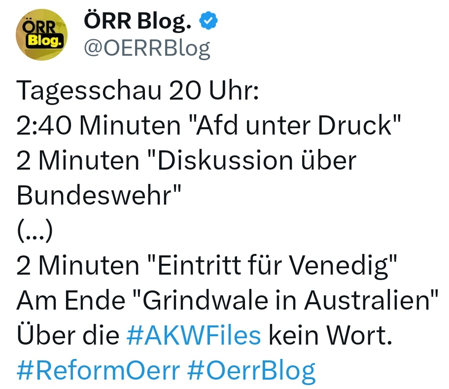 Der OERR kommt seinem PROGRAMMAUFTRAG nicht nach. Trotzdem kassiert der OERR fast jedes Jahr 9.000.000.000 € von den Zwangsgebührenzahler. Ein Grund mehr den OERR für immer abzuwickeln! @tagesschau @DasErste @ZDF @OERRBlog 🇩🇪 #Krah #Habeck #Chrupalla #illner #GEZabschaffen