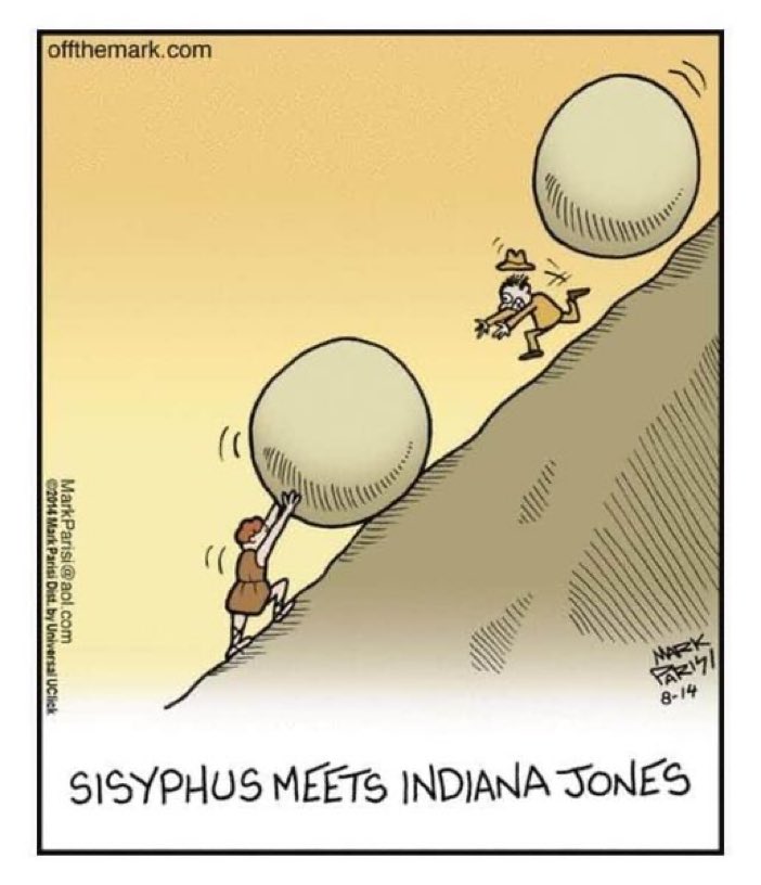 Sisyphus, Indiana Jones’la karşılaşır. by Mark Parisi