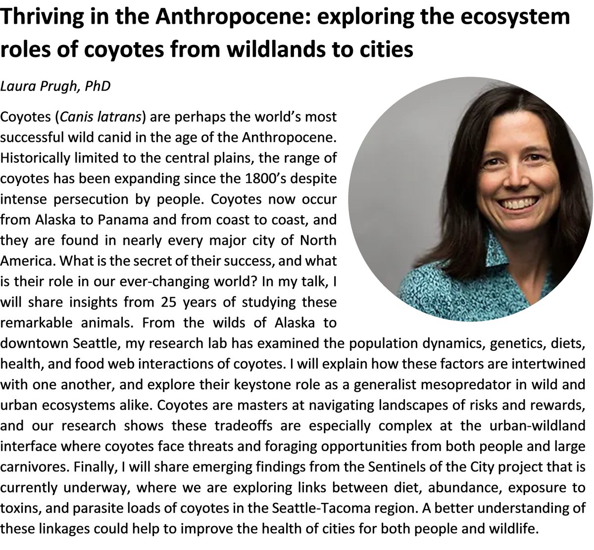 Meet our Keynote Speakers for #CSC2024 from June 21-23, 2024 in #Seattle: Today, @LauraPrugh from @UW who will be talking about the role of #coyotes in rural and urban #ecosystems.  #CanineScience