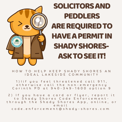 With all of the storms, remember that peddlers and solicitors are required to have a permit. You can report their contact information to Shady Shores Code Enforcement online or through the Shady Shores App on your phone! tinyurl.com/ShadyshoresRep…