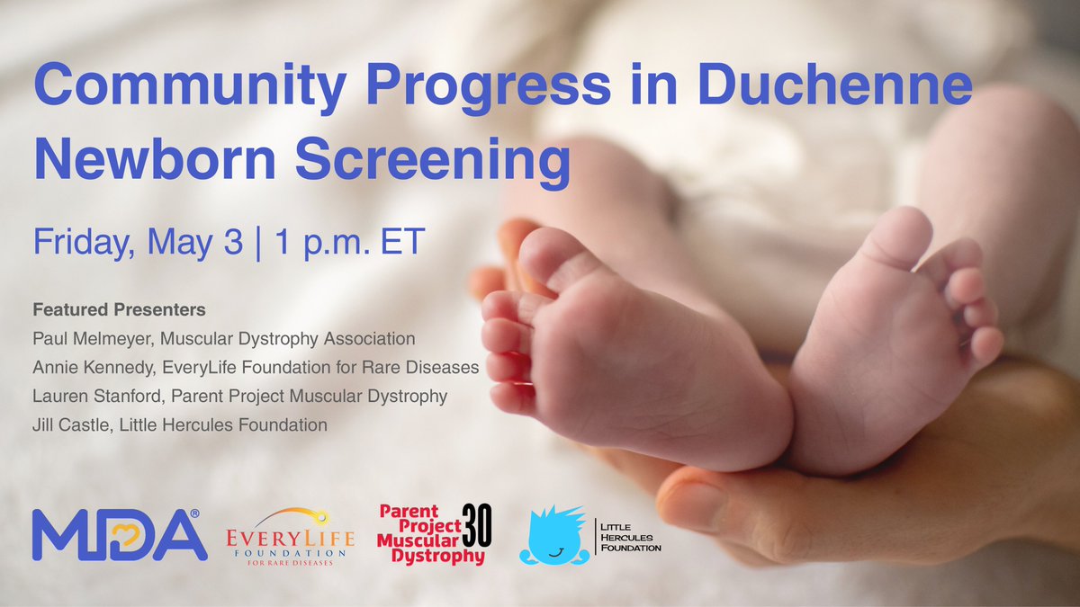 Stay up-to-date on #NewbornScreening progress for #DMD and hear from experts @PMelmeyer, #MDA, Lauren Stanford, @ParentProjectMD, Annie Kennedy, @EveryLifeOrg, & Jill Castle, @LHF_EndDuchenne. Register today for the webinar on Friday, May 3 at 1pm ET: parentprojectmd-org.zoom.us/webinar/regist…