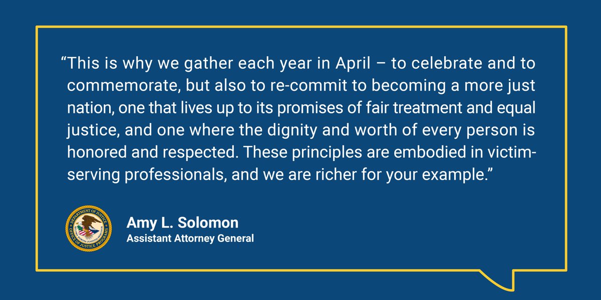 “We know that even heroes need support. Everyone can make a difference, but the difference is greater when everyone plays a part.” Read AAG Amy Solomon’s remarks at the National Crime Victims’ Rights Week Award Ceremony in D.C.: ojp.gov/news/speech/re… #NCVRW2024