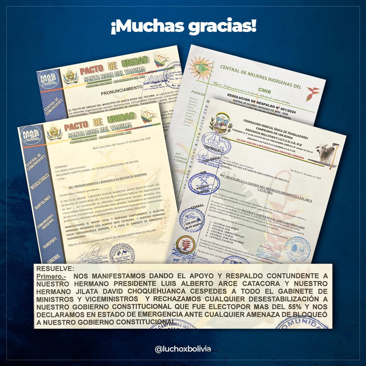 Pese a las mentiras y los constantes ataques, seguimos fuertes y unidos junto a nuestras organizaciones sociales. Muchas gracias por su respaldo hermanas y hermanos de la Federación Única de Trabajadores Campesinos de San Borja, el Pacto de Unidad Santa Rosa del Yacuma y de la…