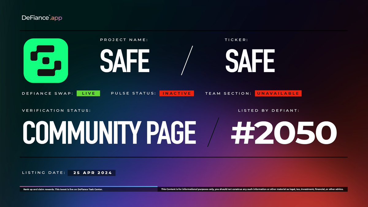 .@safe community page is now live on DeFiance.app/project/Safe. $SAFE is now listed on #DeFianceSwap. Safe is an onchain asset custody protocol, securing ~$100+ Billion in digital assets. Safe is establishing a universal ‘smart account' standard for the secure custody of…