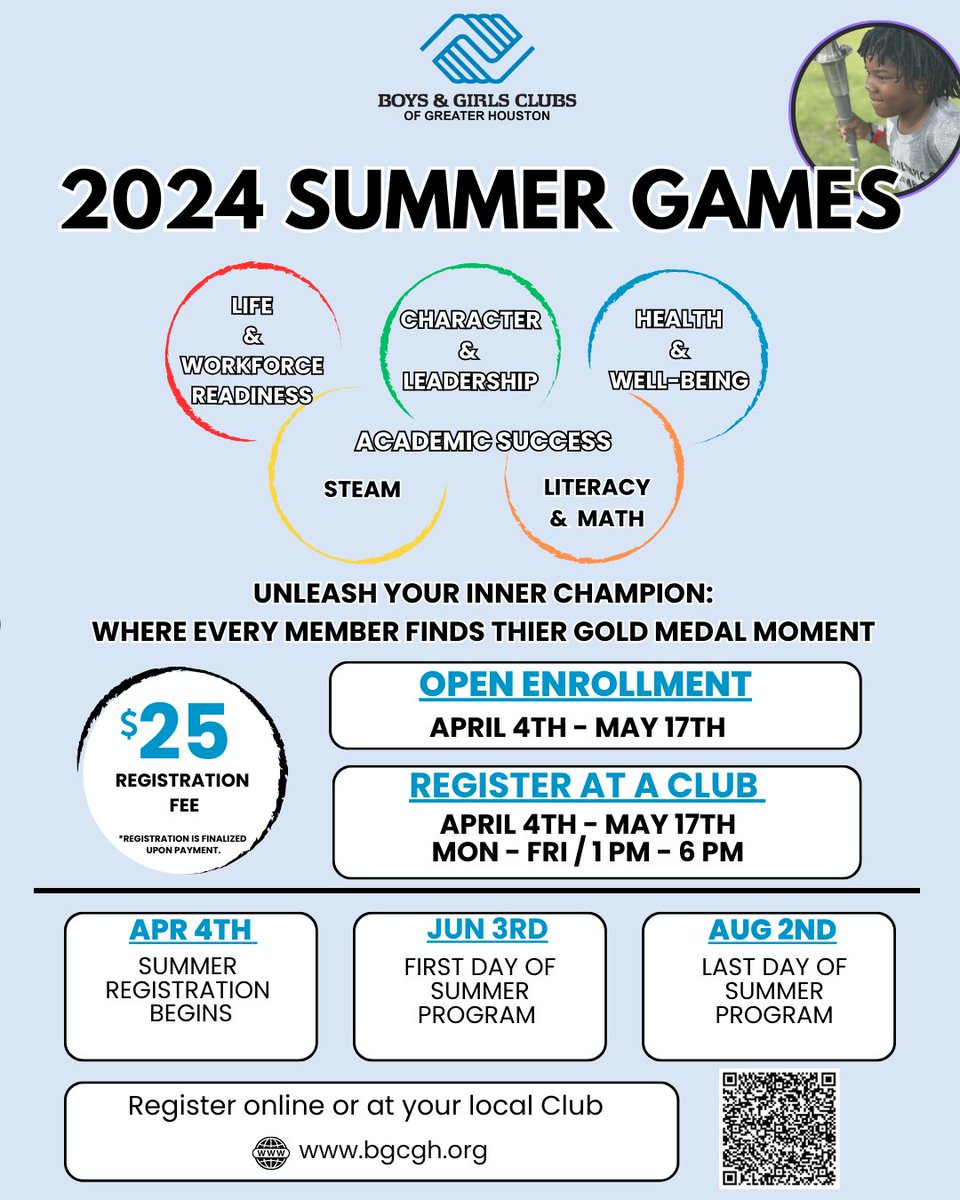 bgcghouston's tweet image. Unlock your child's potential this summer! Sign them up for our 2024 Summer Games now! Enrollment closes May 17th. Let the fun begin on June 3rd! Don't miss out, register today!  #SummerGames #summerprograms #SignUpNow #BGCGH