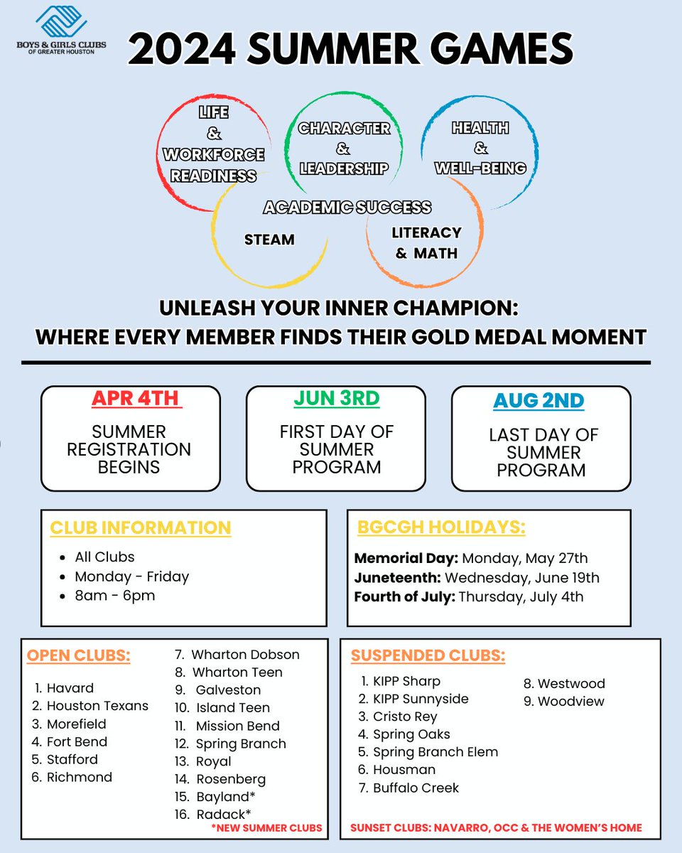 bgcghouston's tweet image. Unlock your child's potential this summer! Sign them up for our 2024 Summer Games now! Enrollment closes May 17th. Let the fun begin on June 3rd! Don't miss out, register today!  #SummerGames #summerprograms #SignUpNow #BGCGH
