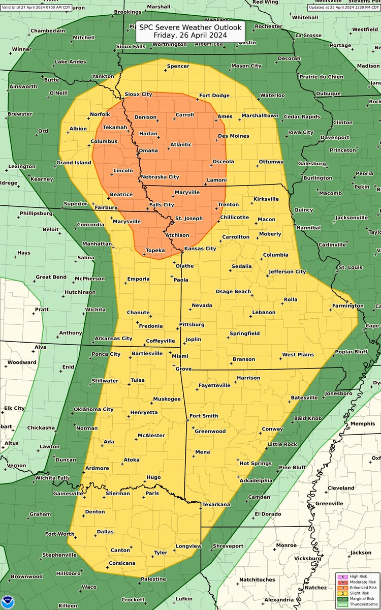 There is an Enhanced risk of severe weather tomorrow (4/26). Large to very large hail, tornadoes (some strong), and damaging winds will be possible. Storms could be ongoing during the morning, but stronger storms are expected to develop during the afternoon. Stay weather aware.