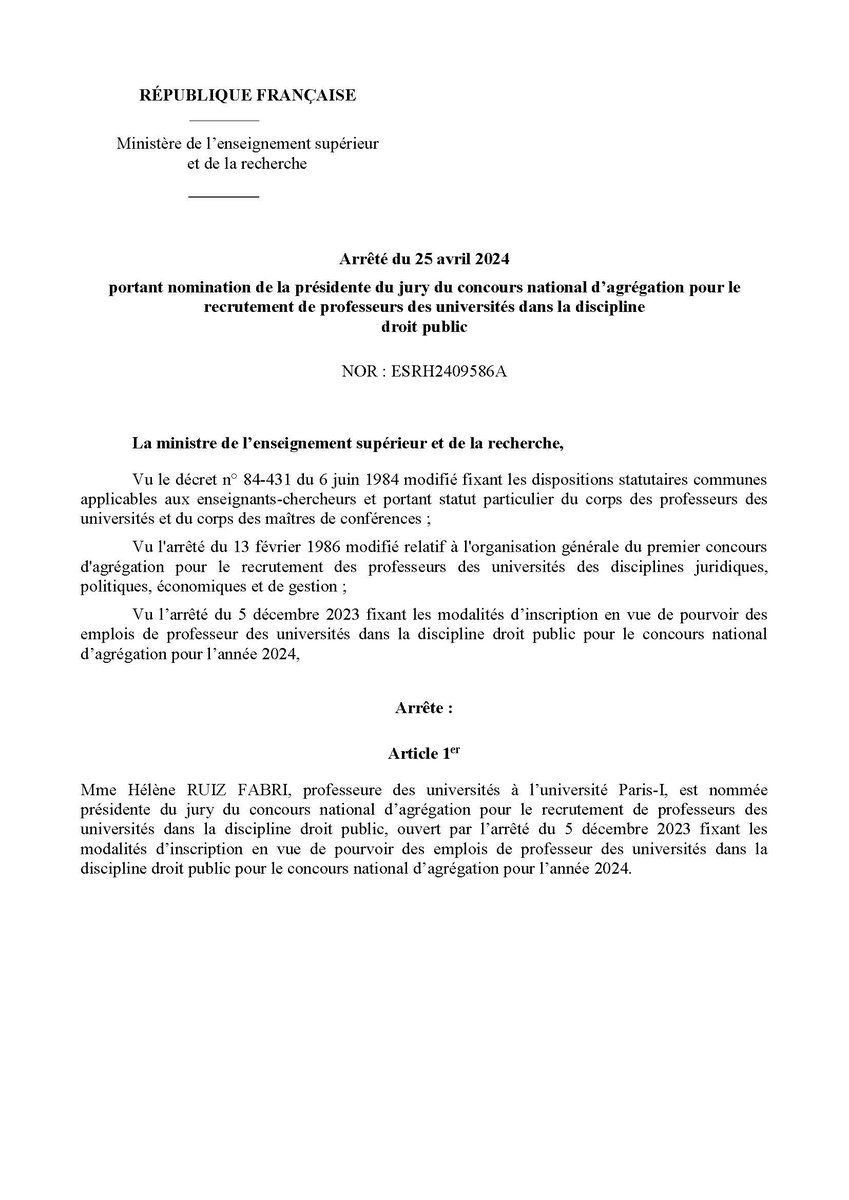 DumontUnjf's tweet photo. Arrêté du 25 avril 2024 portant nomination de la présidente du jury du concours national d’agrégation pour le recrutement de professeurs des universités dans la discipline droit public https://t.co/d6h89MQChk