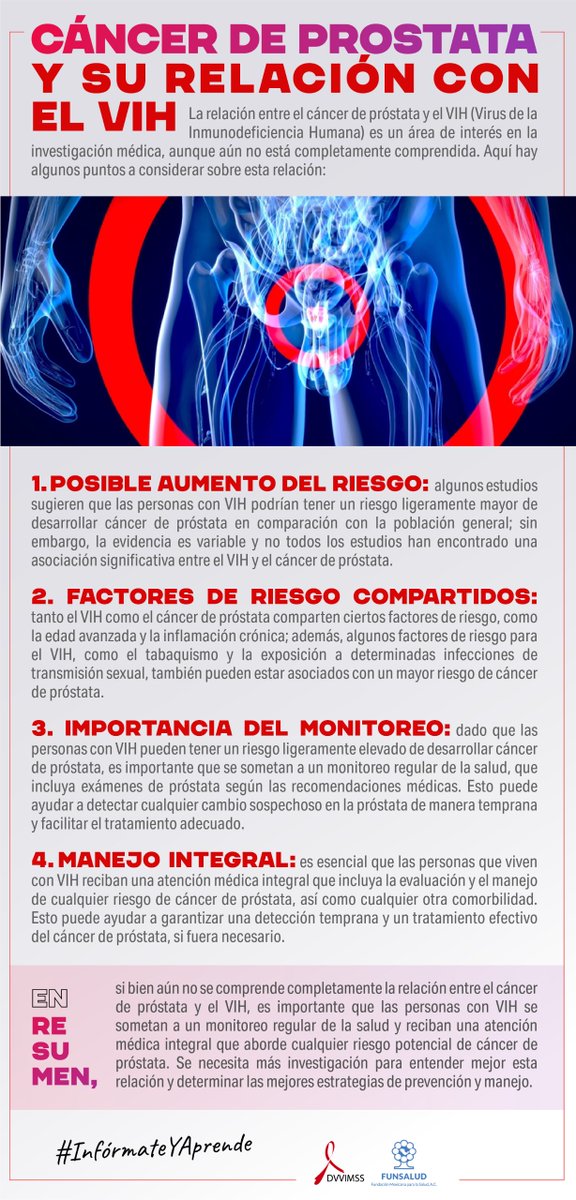 El diagnóstico de #cáncerdepróstata en personas con VIH requiere de una atención médica multidisciplinaria. La colaboración entre oncólogos y especialistas en VIH es fundamental para brindar un diagnostico y tratamiento oportuno. #Cáncer #VIH #InformateYAprende