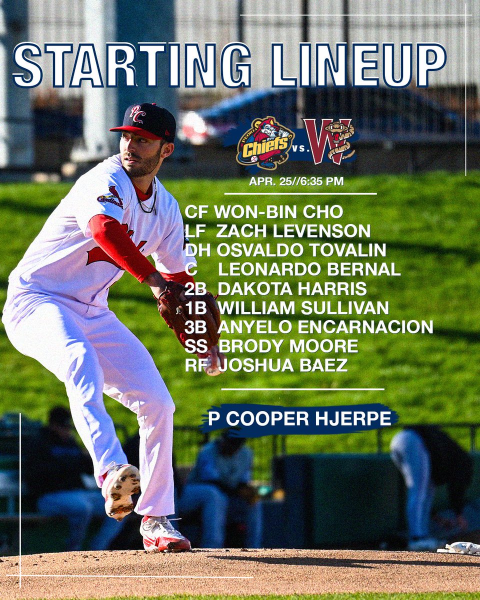 Lineup for tonight's game against the @TimberRattlers 
LET'S GO CHIEFS!! See you at 6:35pm at Dozer Park or on milb.tv ! 
- - -
#peoriachiefs #TopDogs