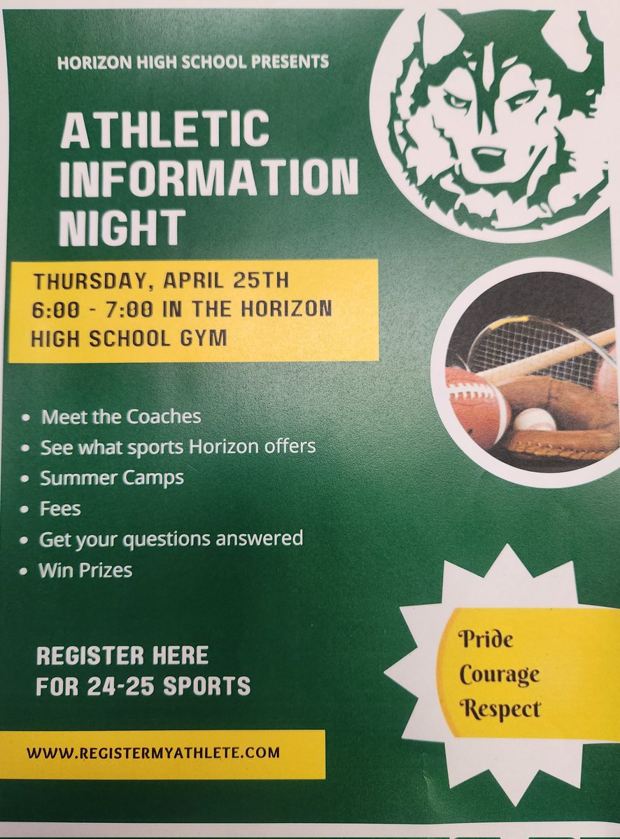 Attention all future Huskies! Interested in participating in athletics next year?  Come meet coaches and get information for summer programs TONIGHT (4/25) from 6-7 in Horizon's main gym. See you there!