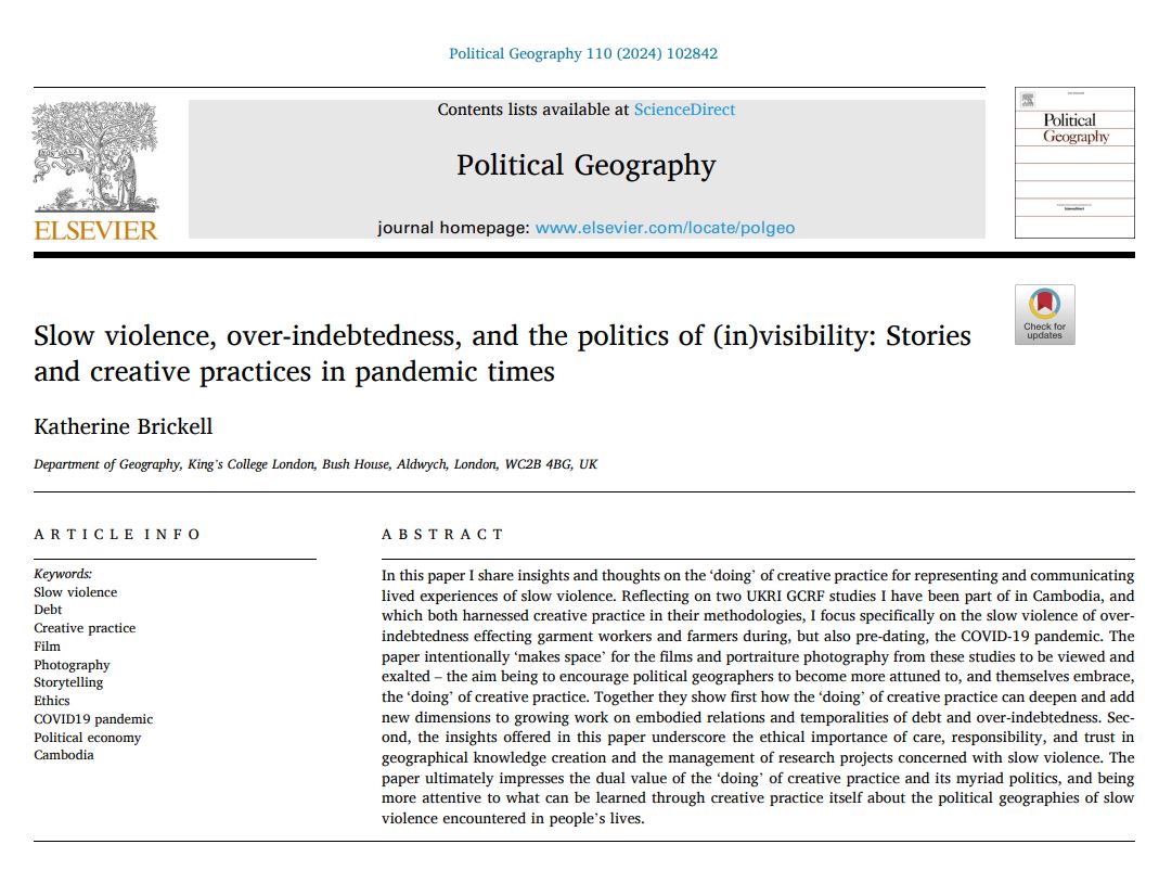 RECENTLY PUBLISHED - Slow violence, over-indebtedness, and the politics of (in)visibility: Stories and creative practices in pandemic times, by @K_Brickell sciencedirect.com/science/articl…